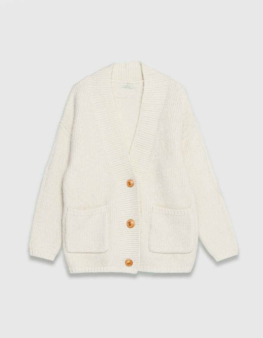 cardigan largo da donna in maglia écru e lurex oro