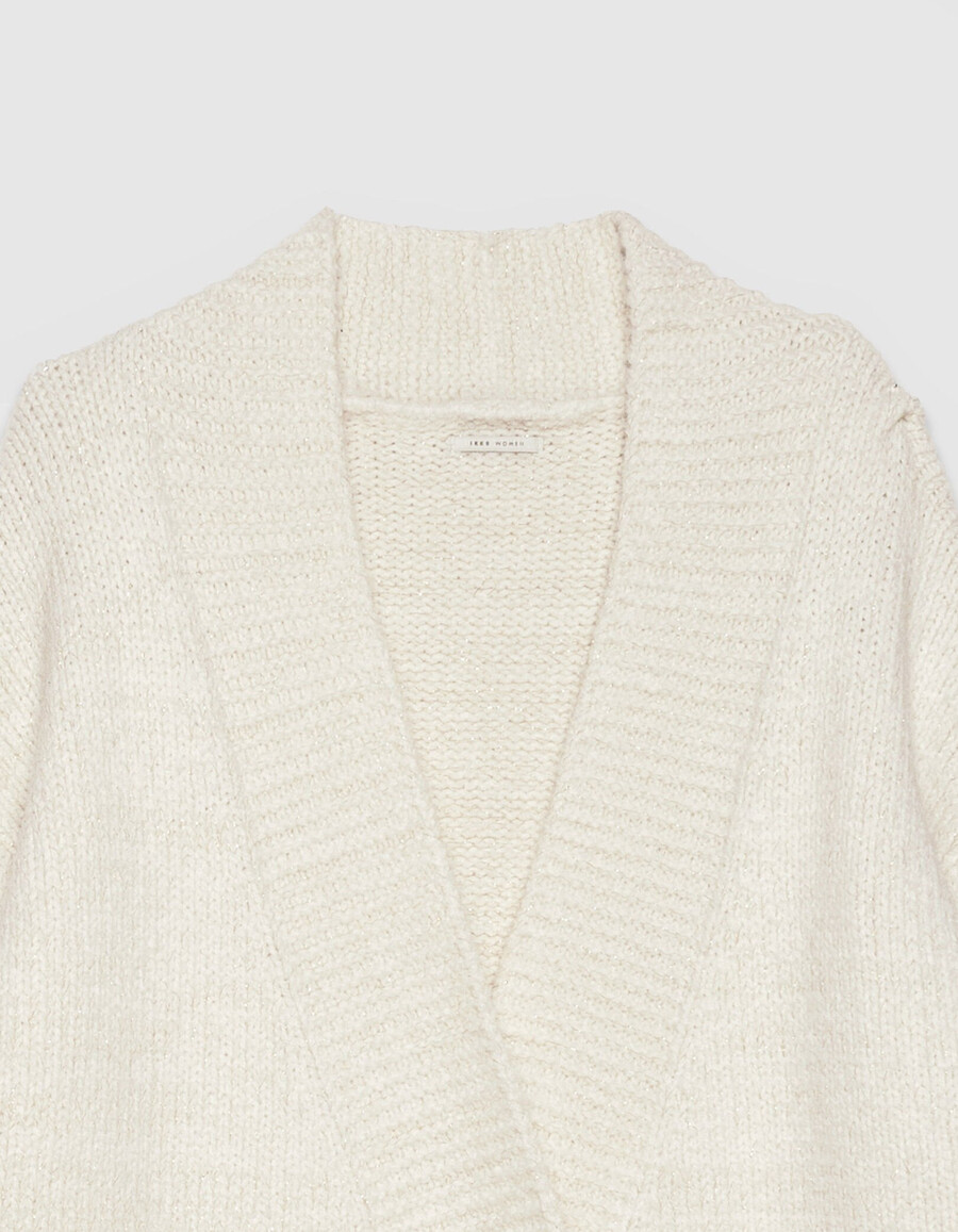 cardigan largo da donna in maglia écru e lurex oro