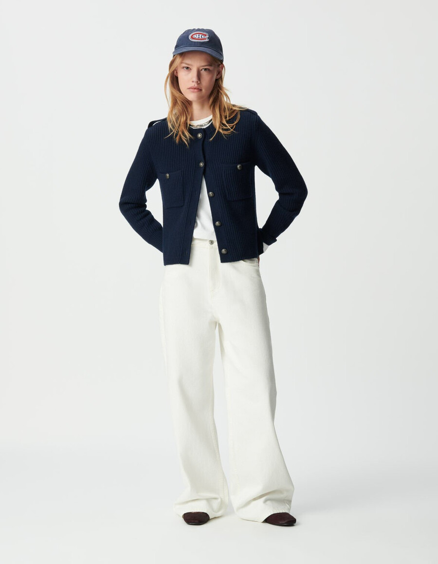 cardigan corto a coste in pura lana blu navy da donna