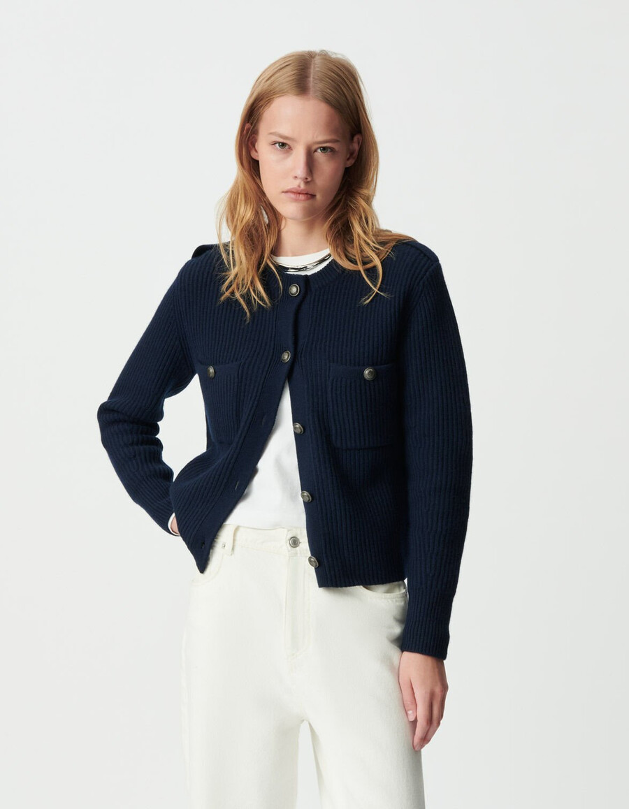 cardigan corto a coste in pura lana blu navy da donna