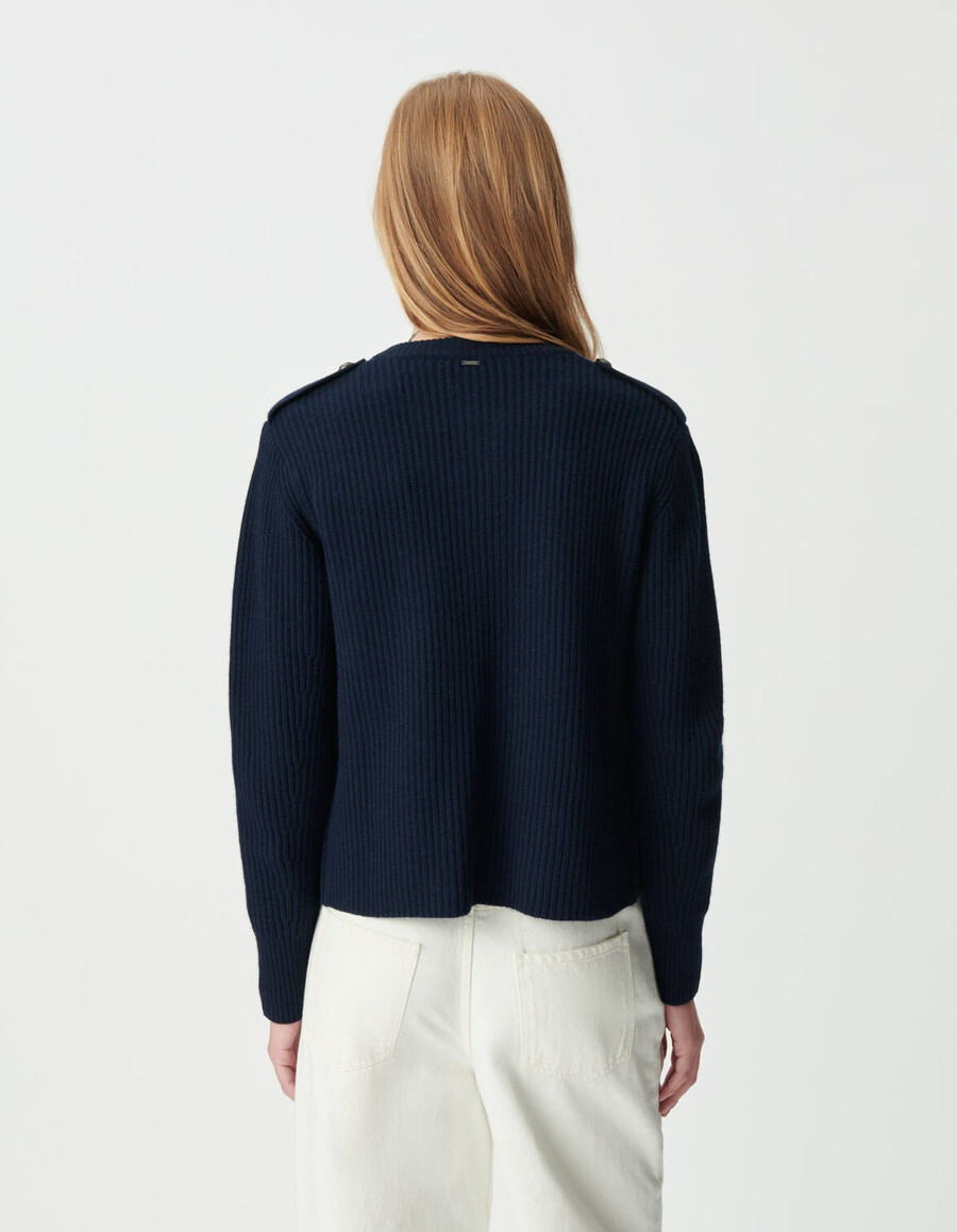 cardigan corto a coste in pura lana blu navy da donna
