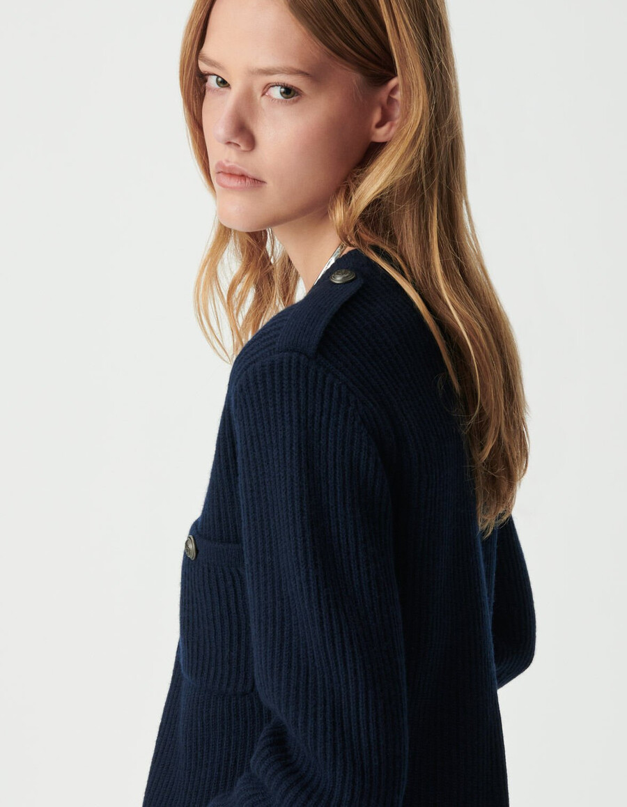 cardigan corto a coste in pura lana blu navy da donna