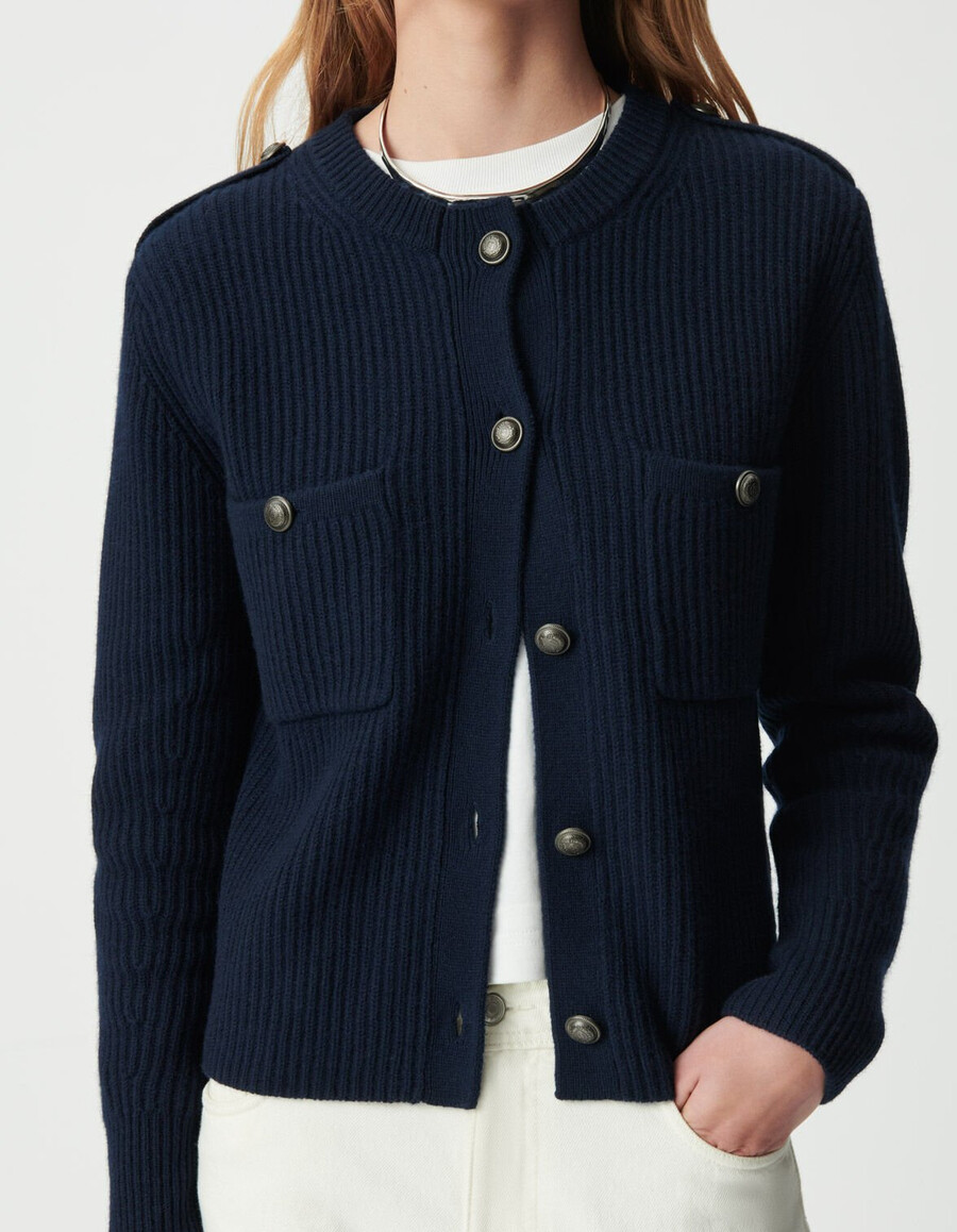 cardigan corto a coste in pura lana blu navy da donna