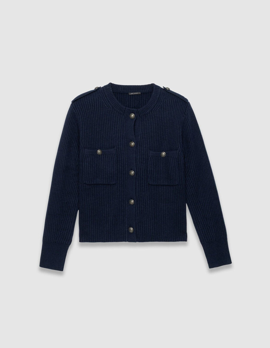 cardigan corto a coste in pura lana blu navy da donna