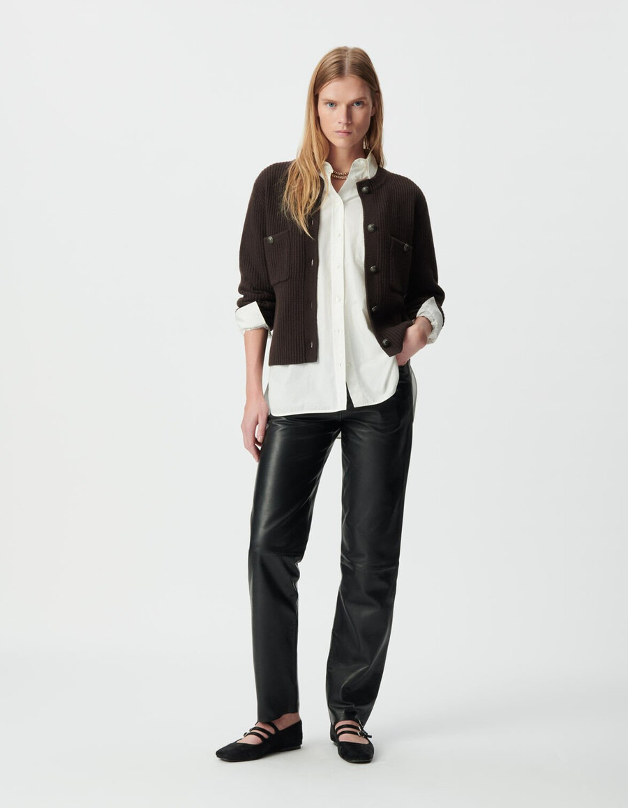 cardigan corto a coste in pura lana marrone da donna