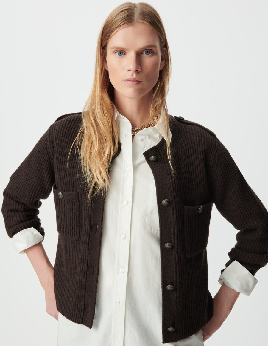 cardigan corto a coste in pura lana marrone da donna