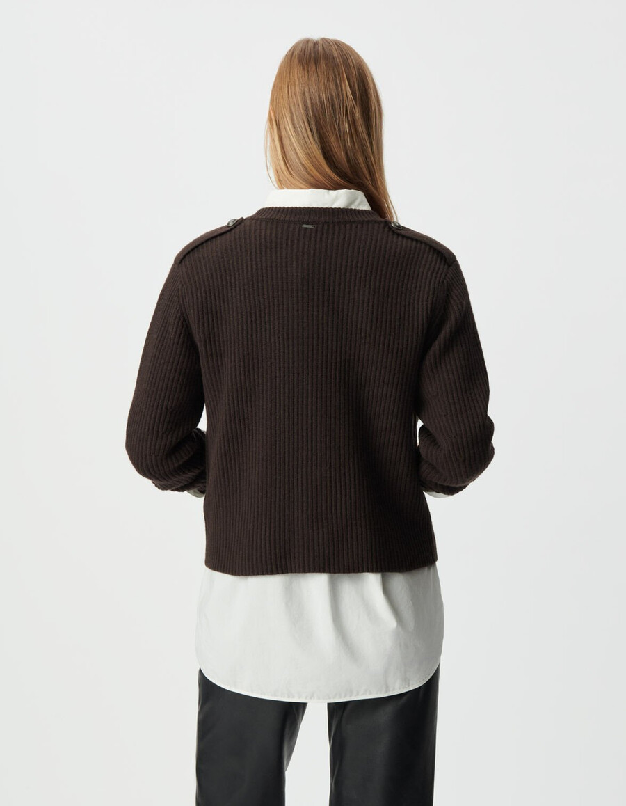 cardigan corto a coste in pura lana marrone da donna