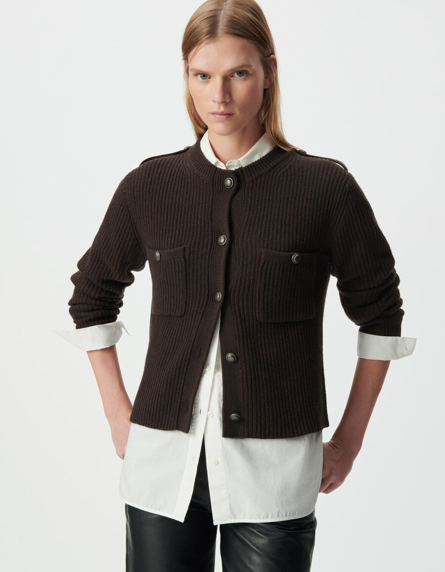 cardigan corto a coste in pura lana marrone da donna