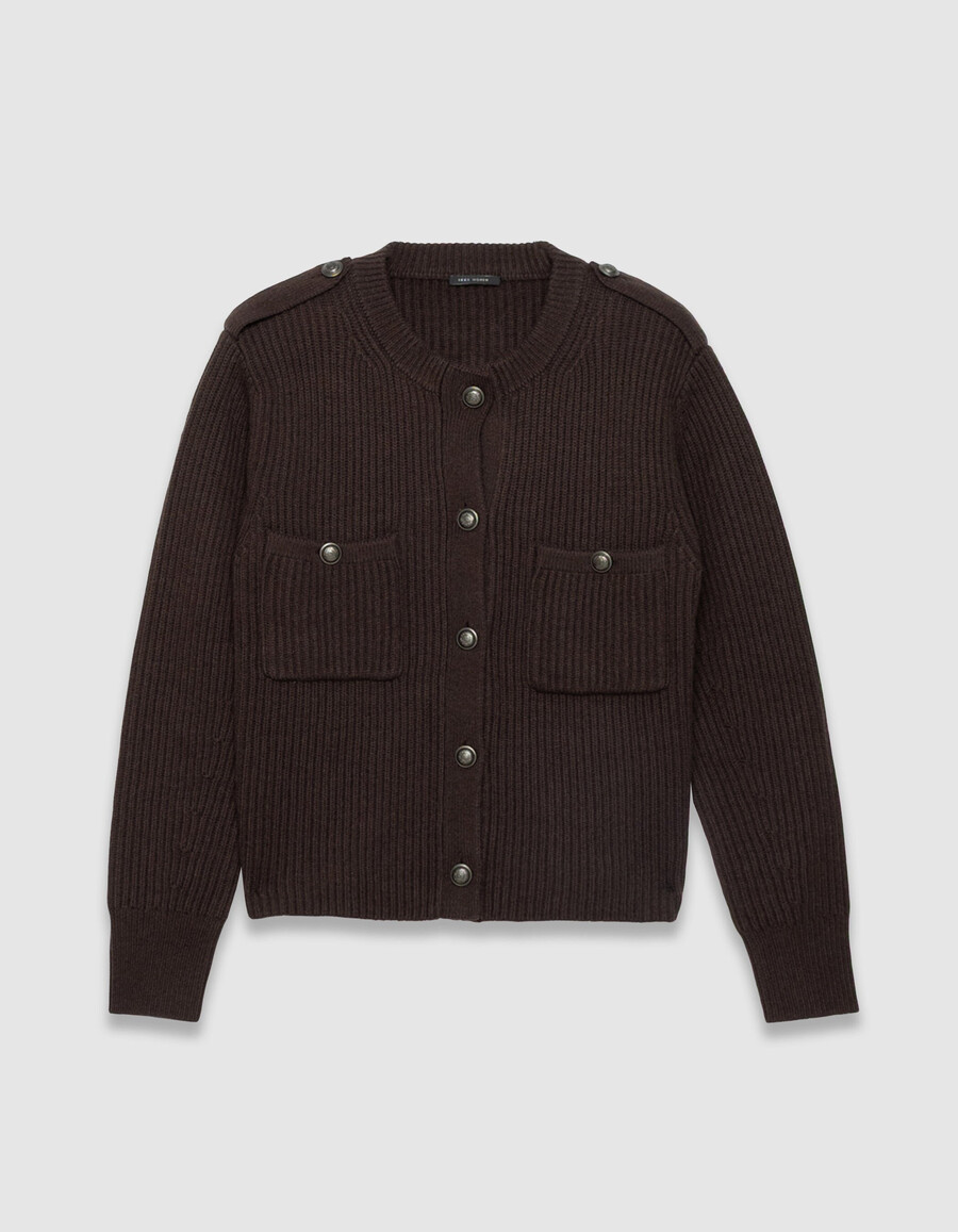 cardigan corto a coste in pura lana marrone da donna