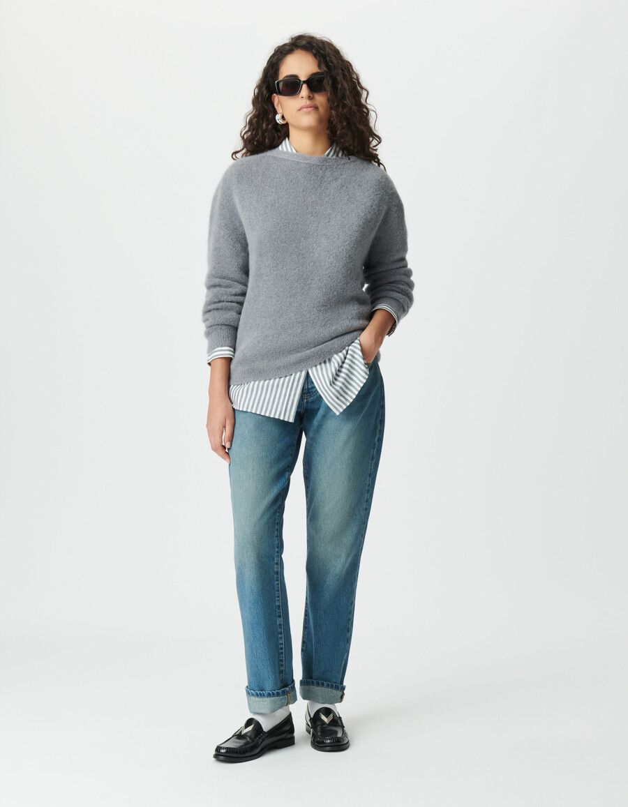 cardigan reversibile da donna grigio lavorato a maglia con parte anteriore e posteriore