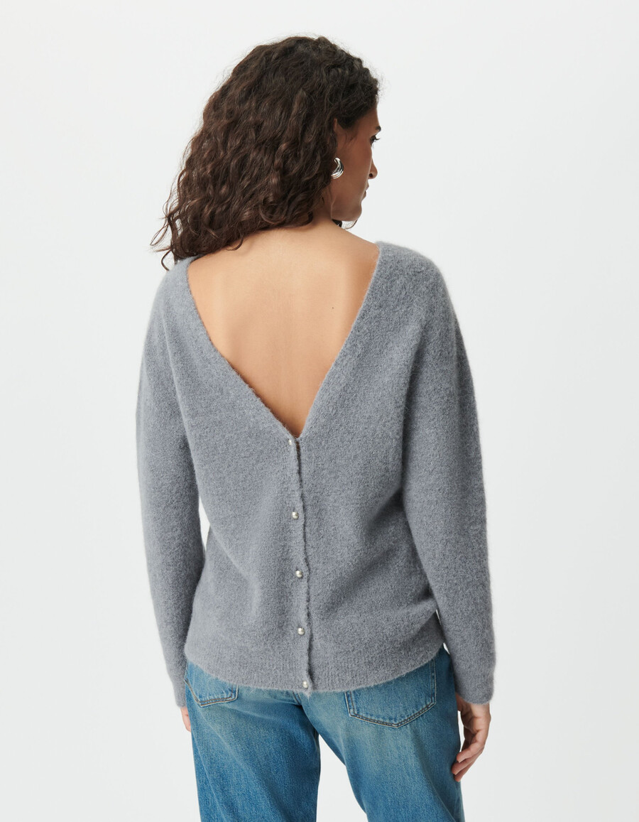 cardigan reversibile da donna grigio lavorato a maglia con parte anteriore e posteriore