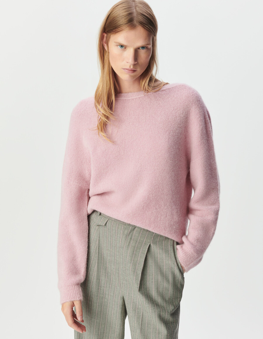 cardigan reversibile da donna in maglia fine rosa con retrodavanti