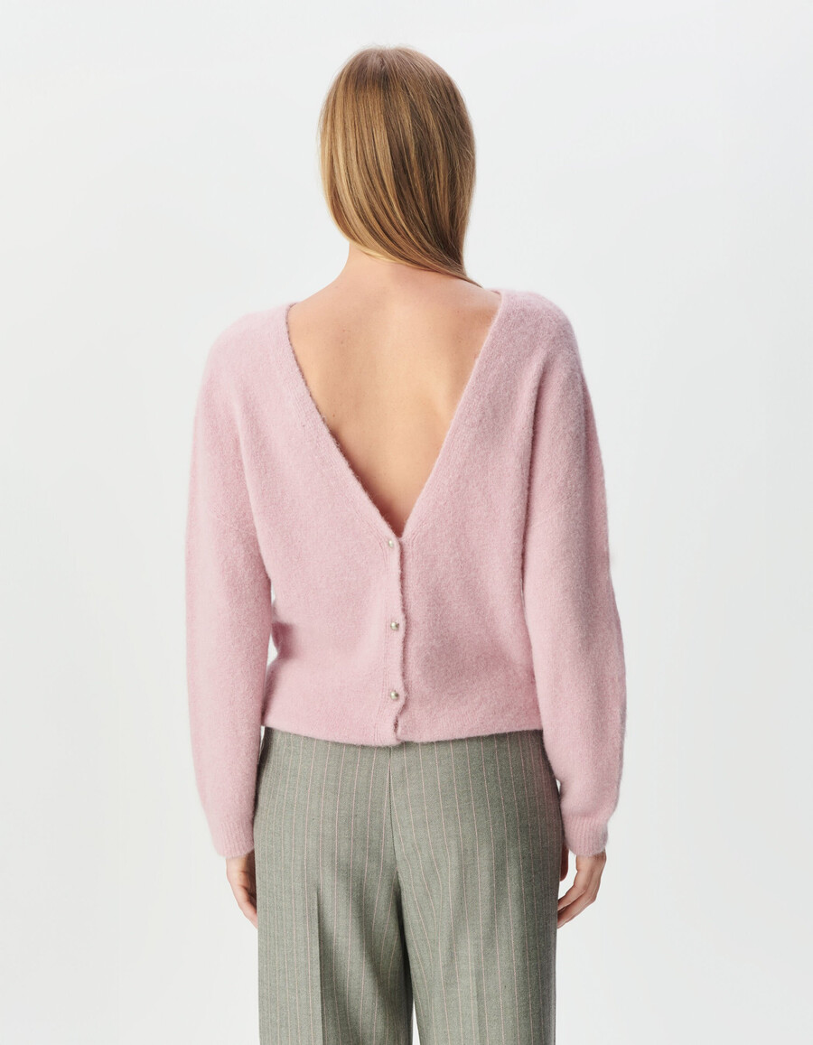 cardigan reversibile da donna in maglia fine rosa con retrodavanti