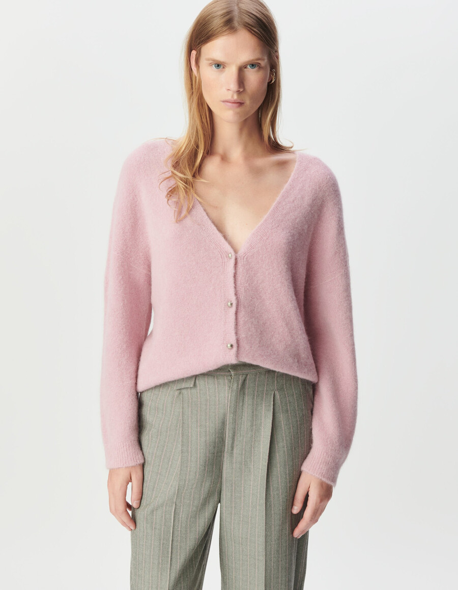 cardigan reversibile da donna in maglia fine rosa con retrodavanti