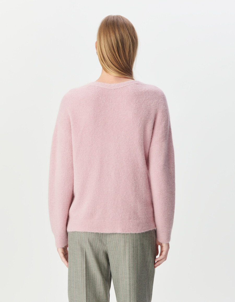 cardigan reversibile da donna in maglia fine rosa con retrodavanti