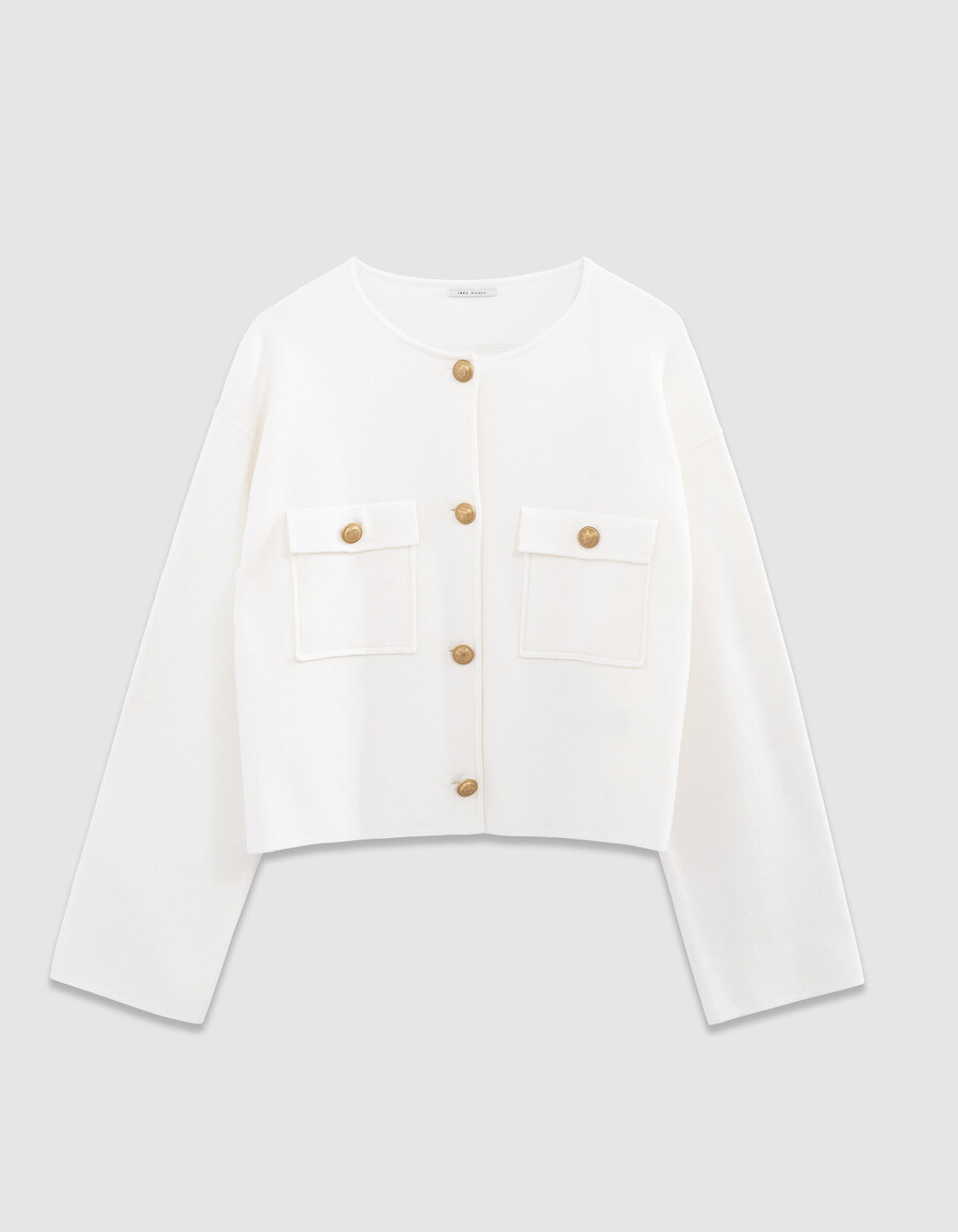 cardigan corto in maglia bianca da donna con tasche applicate