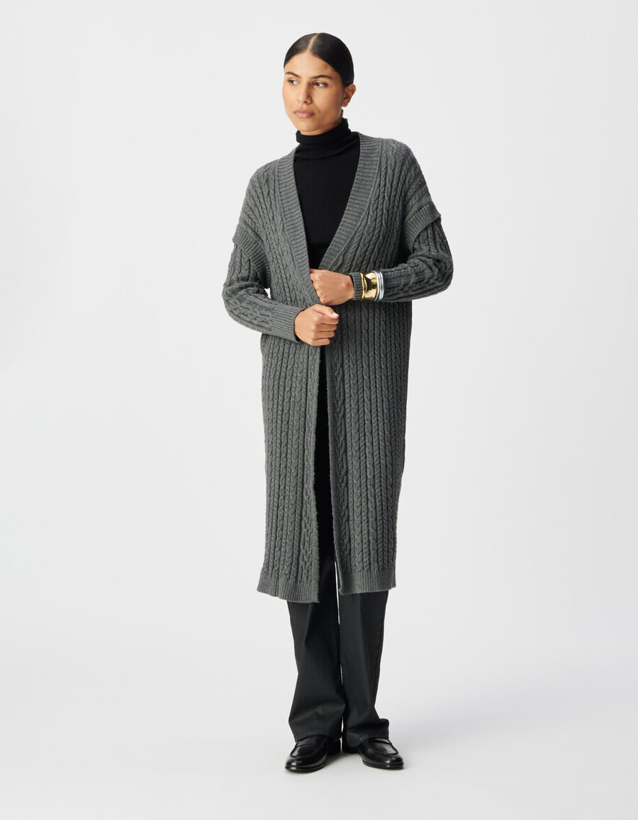 cardigan lungo in maglia a trecce grigio da donna