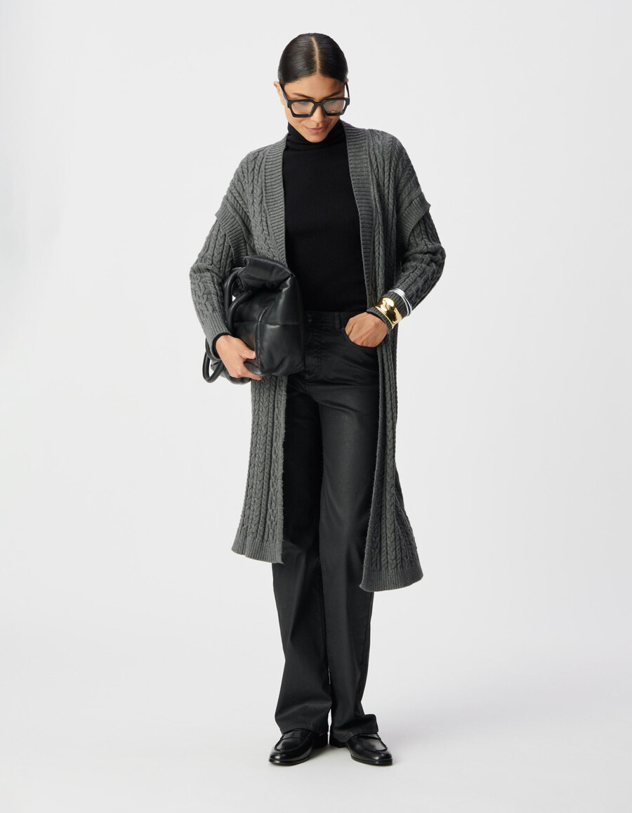 cardigan lungo in maglia a trecce grigio da donna