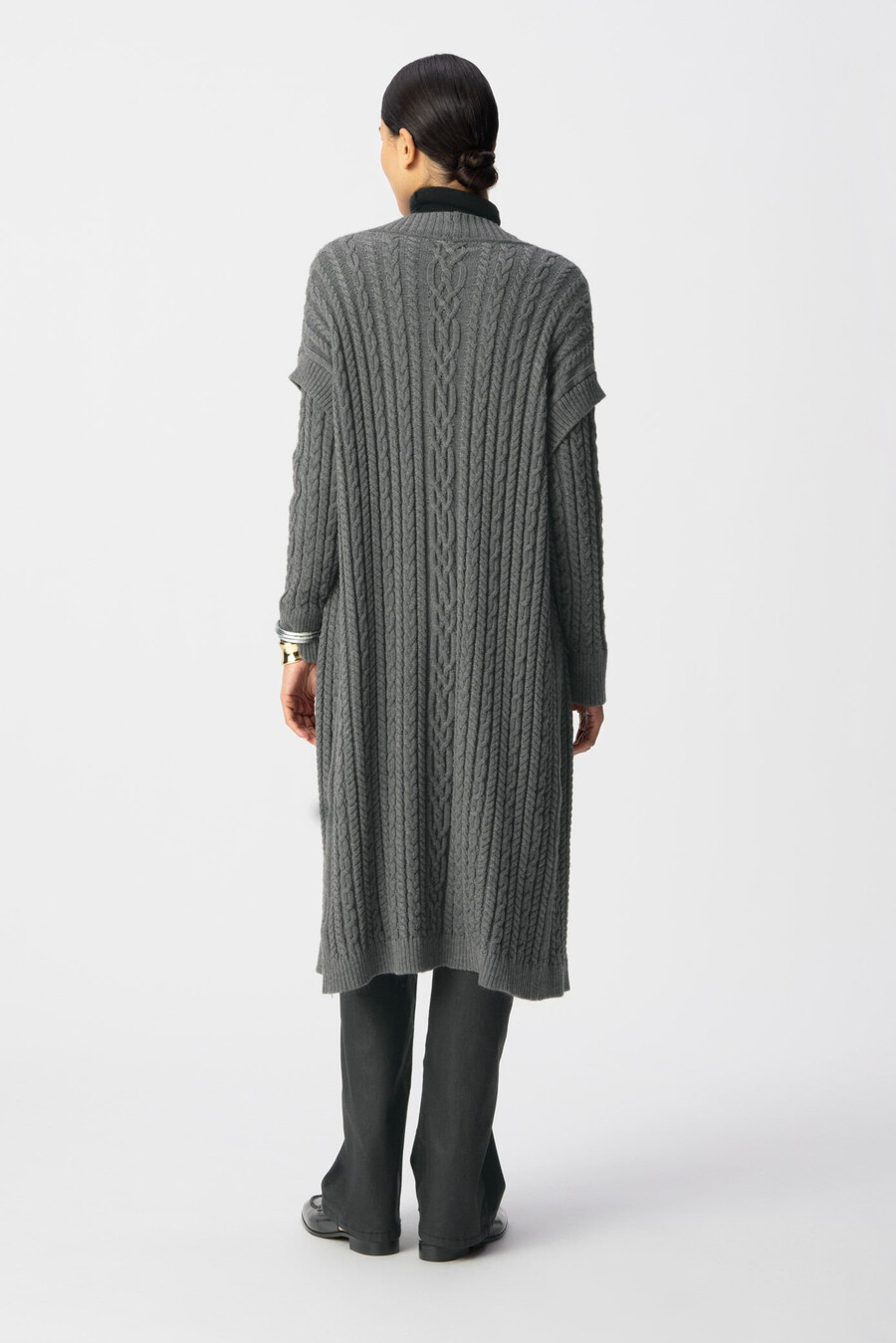 cardigan lungo in maglia a trecce grigio da donna