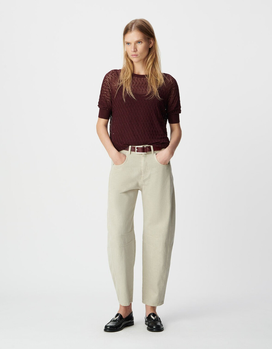 maglione da donna in maglia fine bordeaux con motivo traforato in lurex