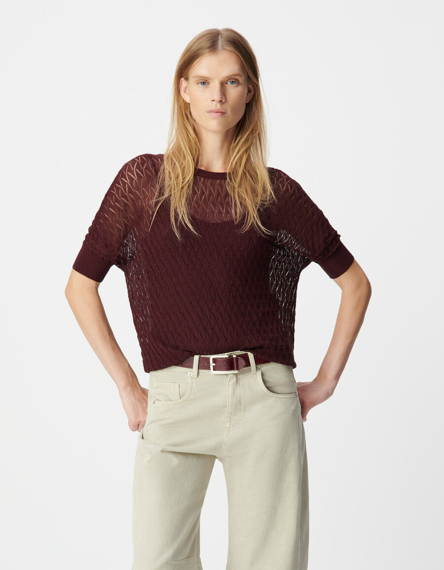 maglione da donna in maglia fine bordeaux con motivo traforato in lurex