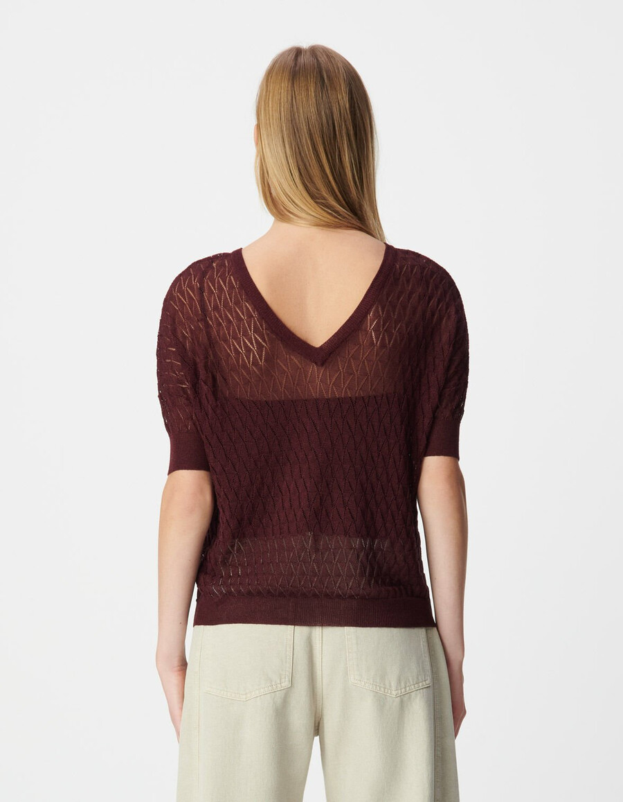 maglione da donna in maglia fine bordeaux con motivo traforato in lurex