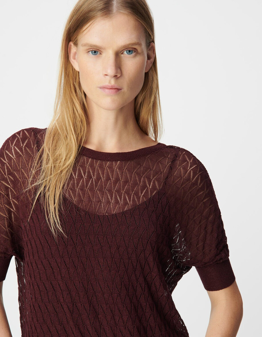maglione da donna in maglia fine bordeaux con motivo traforato in lurex