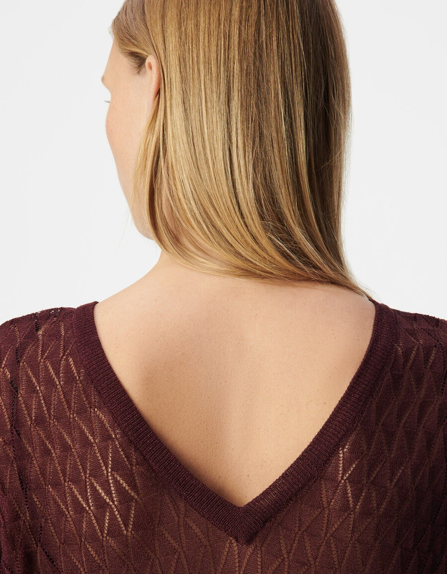 maglione da donna in maglia fine bordeaux con motivo traforato in lurex