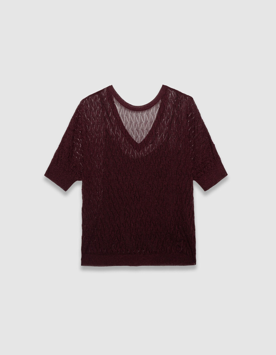 maglione da donna in maglia fine bordeaux con motivo traforato in lurex