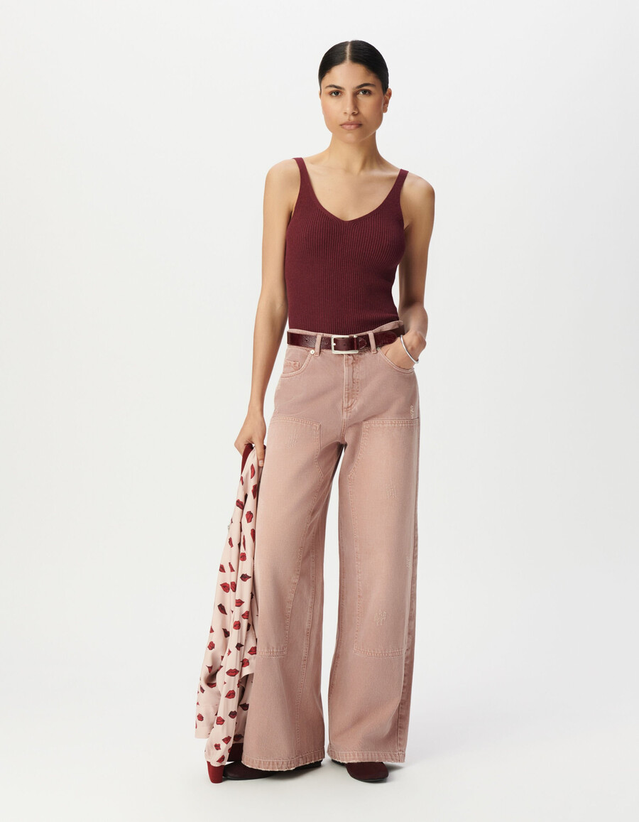 top in maglia fantasia a coste bordeaux con spalline per donna