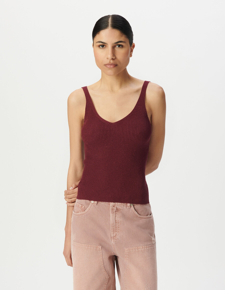 top in maglia fantasia a coste bordeaux con spalline per donna