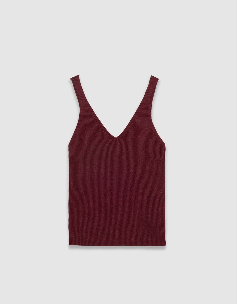 top in maglia fantasia a coste bordeaux con spalline per donna