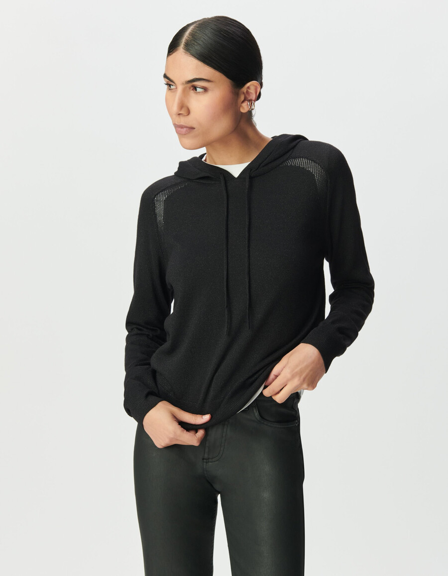 felpa con cappuccio da donna in maglia di lurex nero fine