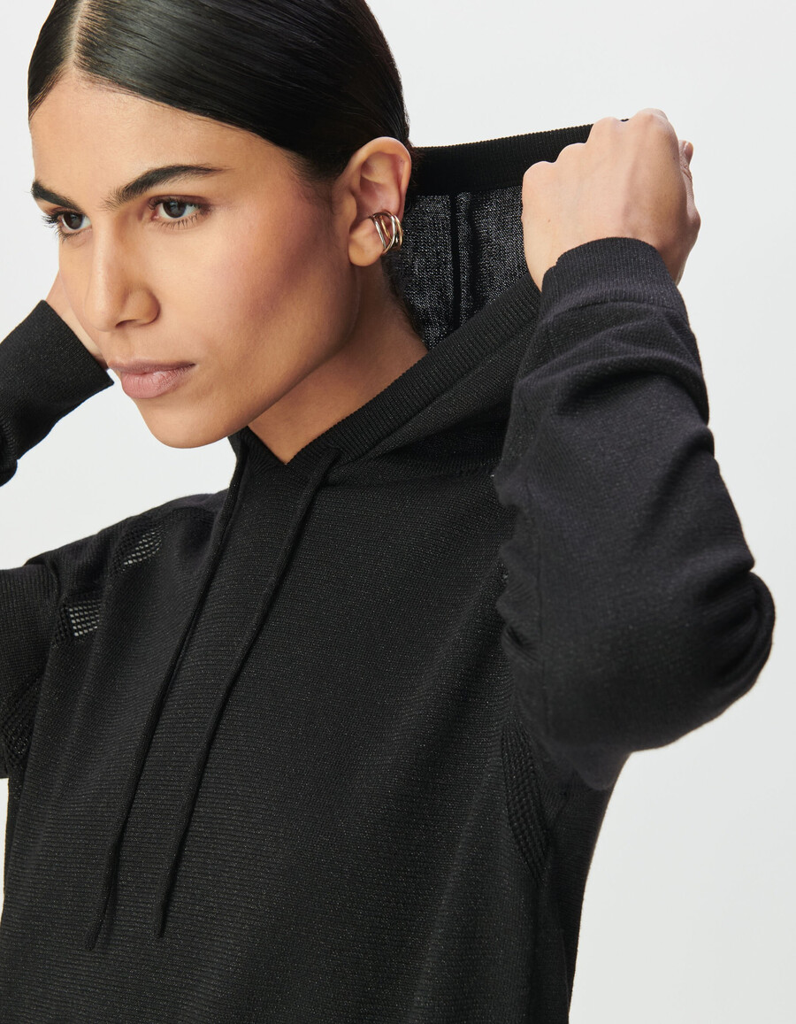 felpa con cappuccio da donna in maglia di lurex nero fine