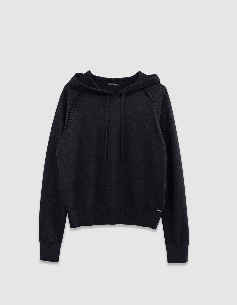 felpa con cappuccio da donna in maglia di lurex nero fine