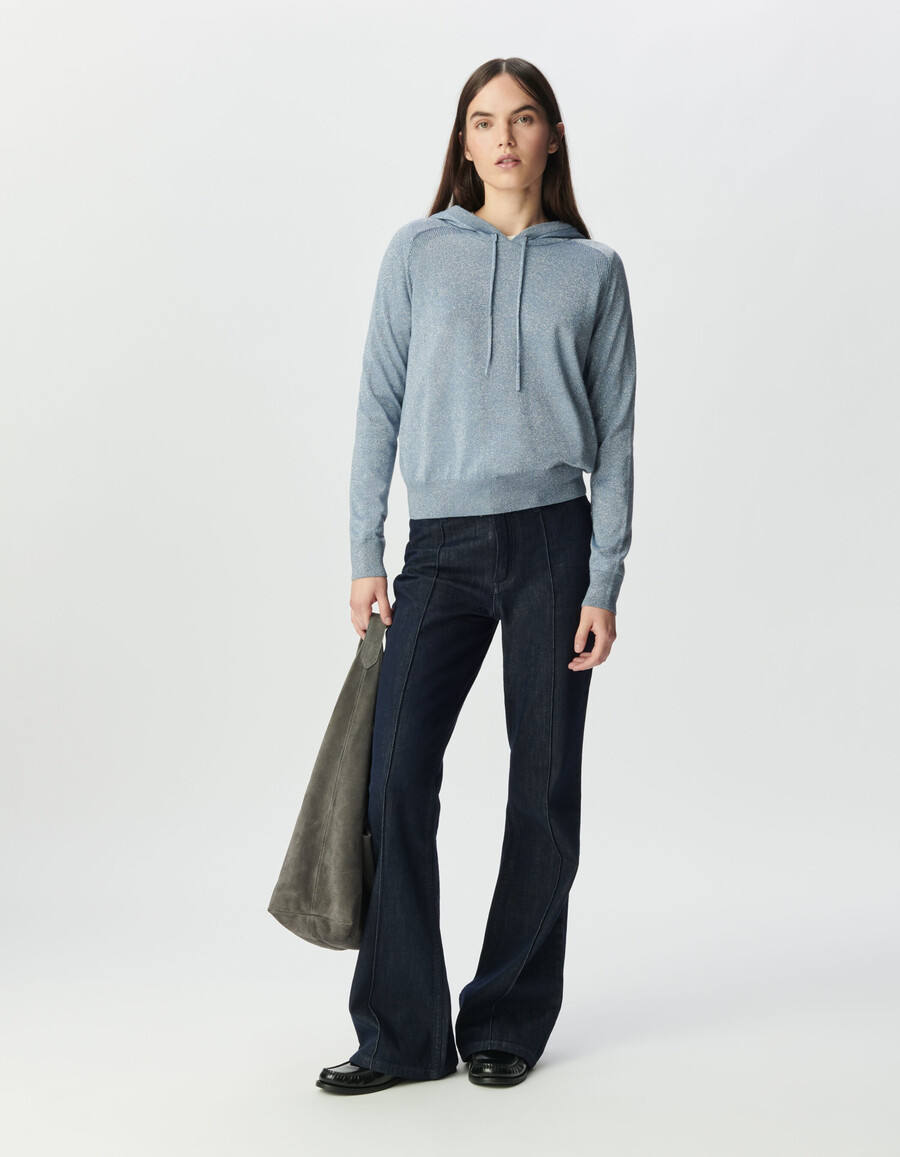 felpa con cappuccio in maglia lurex fine blu cielo da donna