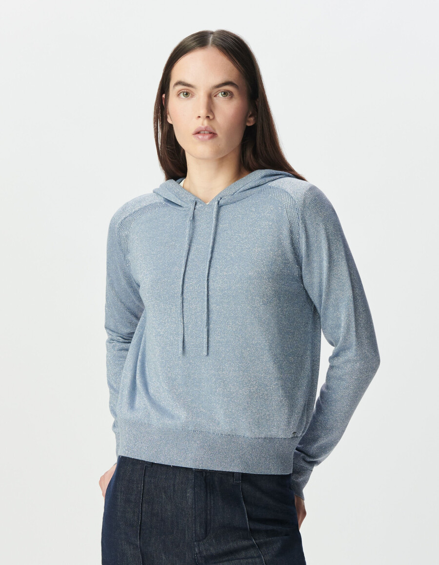 felpa con cappuccio in maglia lurex fine blu cielo da donna
