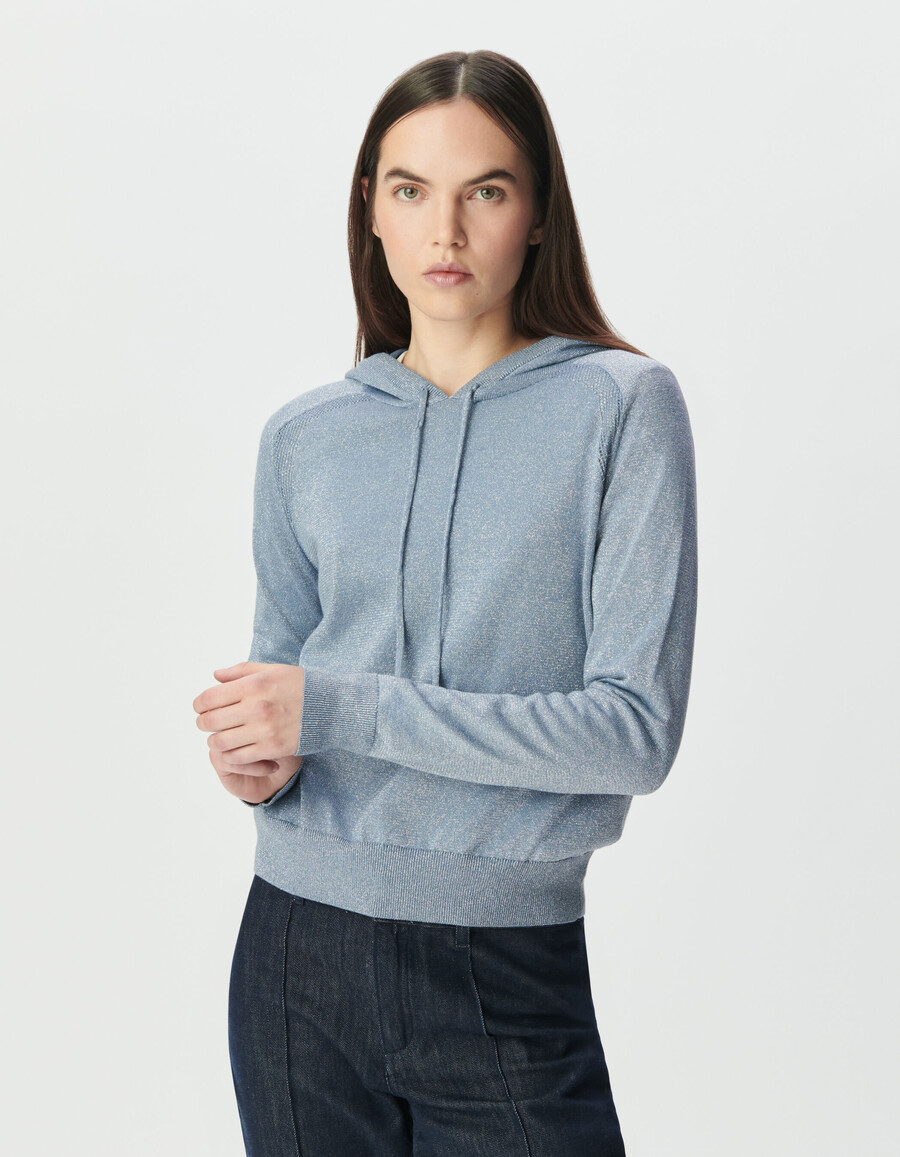 felpa con cappuccio in maglia lurex fine blu cielo da donna