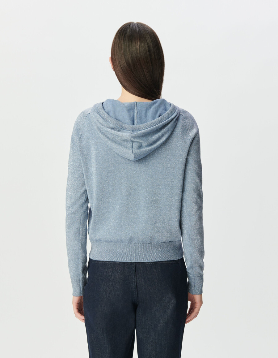 felpa con cappuccio in maglia lurex fine blu cielo da donna