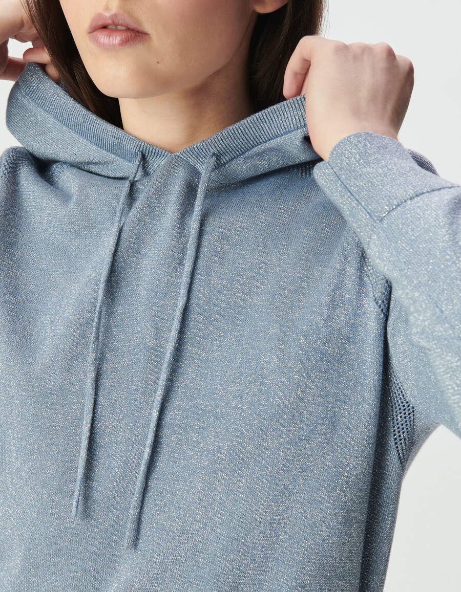 felpa con cappuccio in maglia lurex fine blu cielo da donna