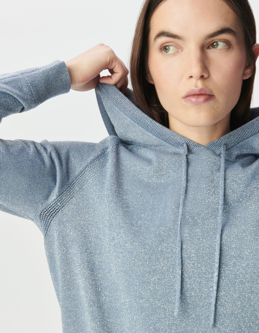 felpa con cappuccio in maglia lurex fine blu cielo da donna