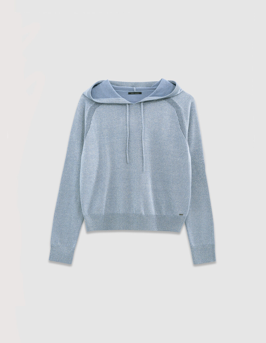 felpa con cappuccio in maglia lurex fine blu cielo da donna
