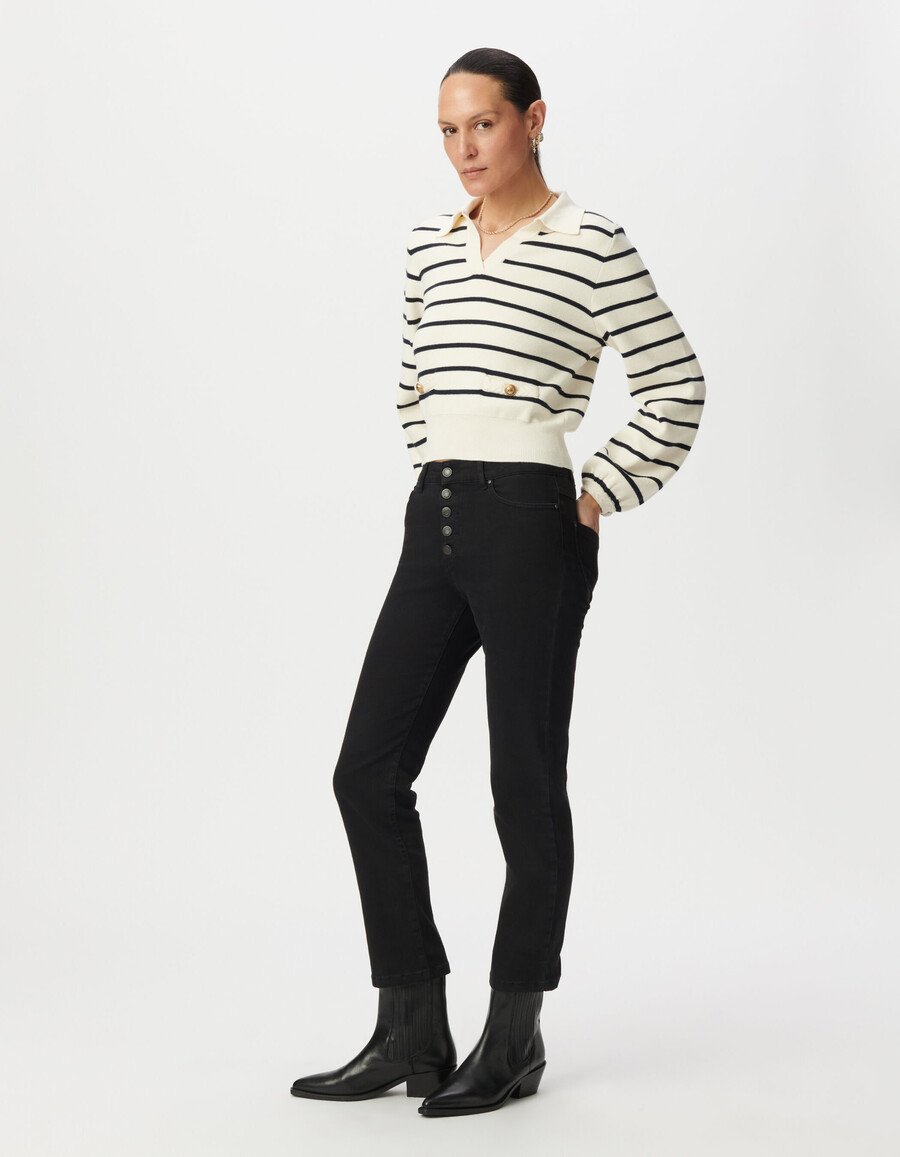 maglione da donna a righe da marinaio bianco lavorato a maglia collo a polo