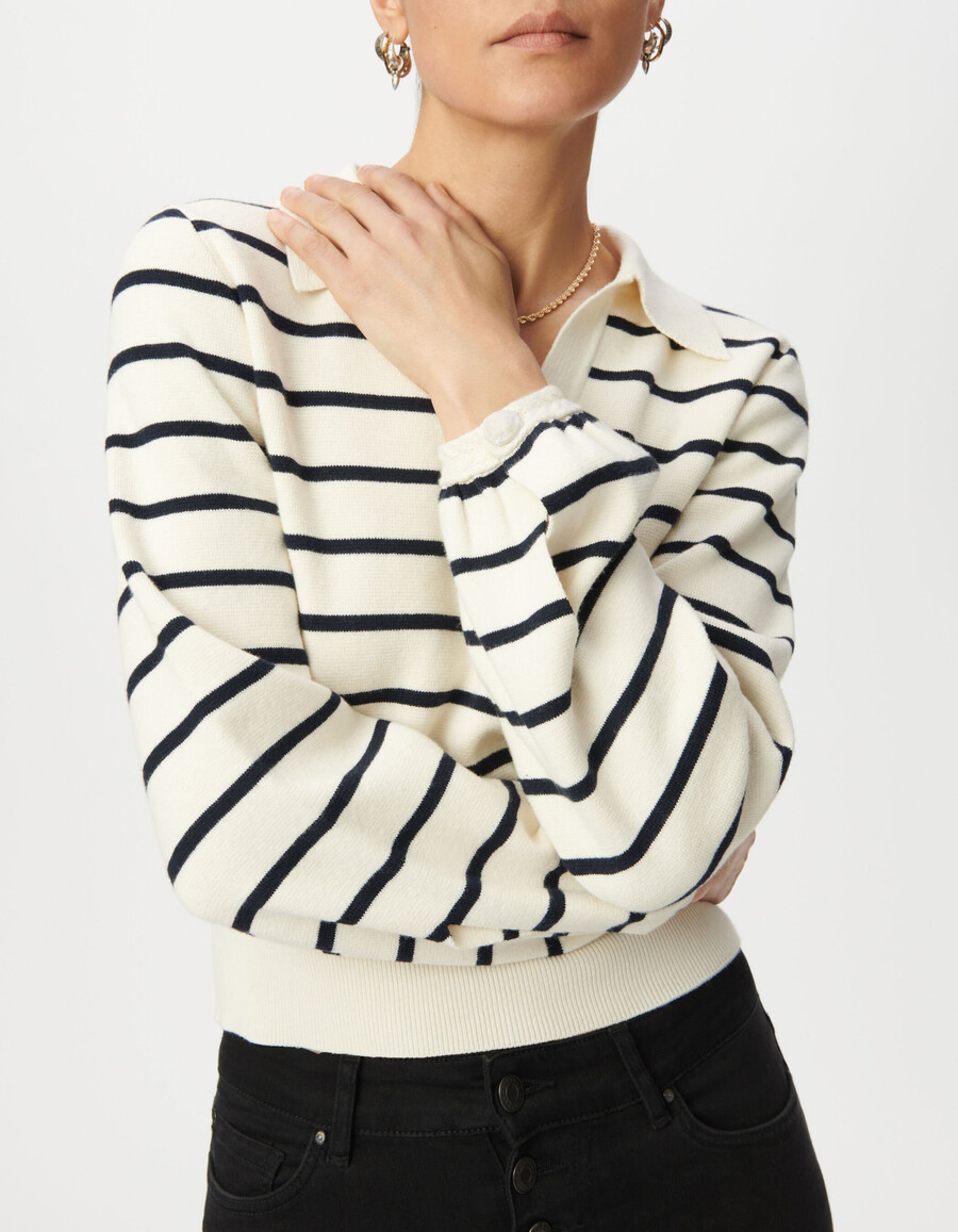 maglione da donna a righe da marinaio bianco lavorato a maglia collo a polo