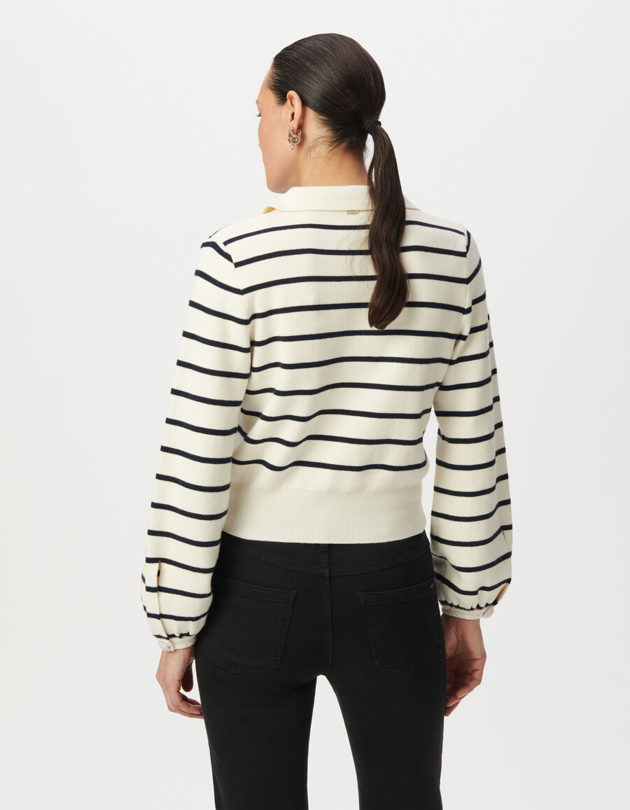maglione da donna a righe da marinaio bianco lavorato a maglia collo a polo