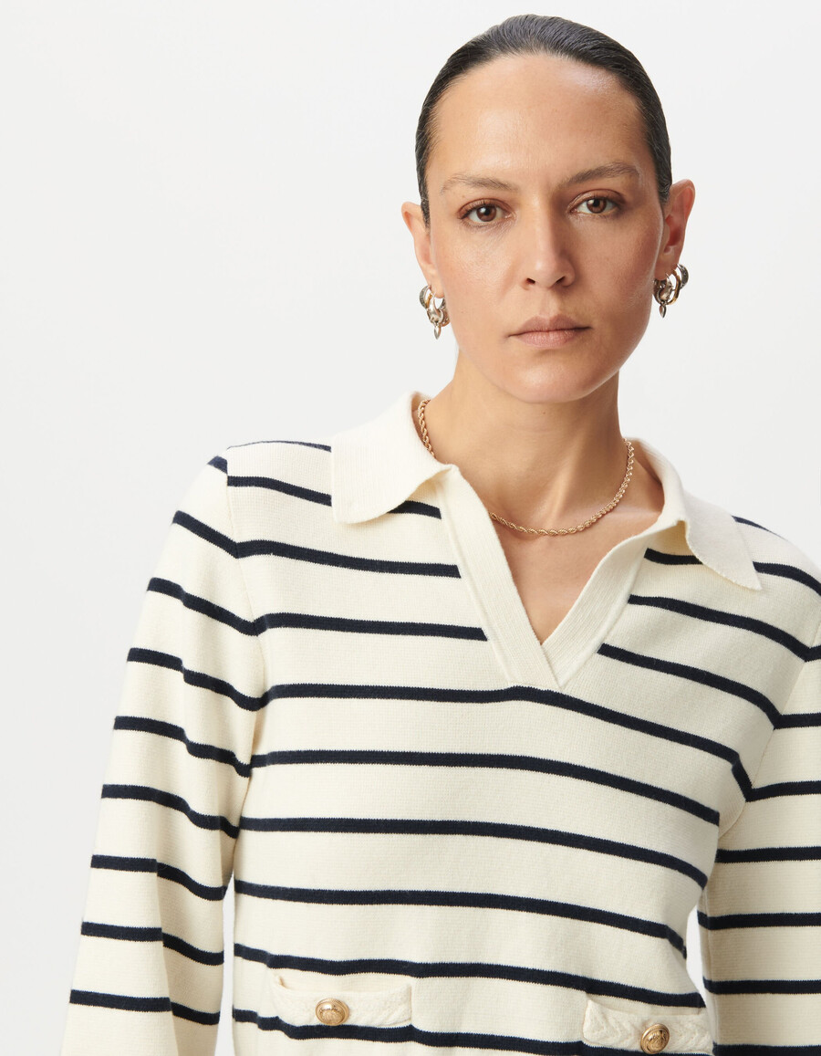 maglione da donna a righe da marinaio bianco lavorato a maglia collo a polo