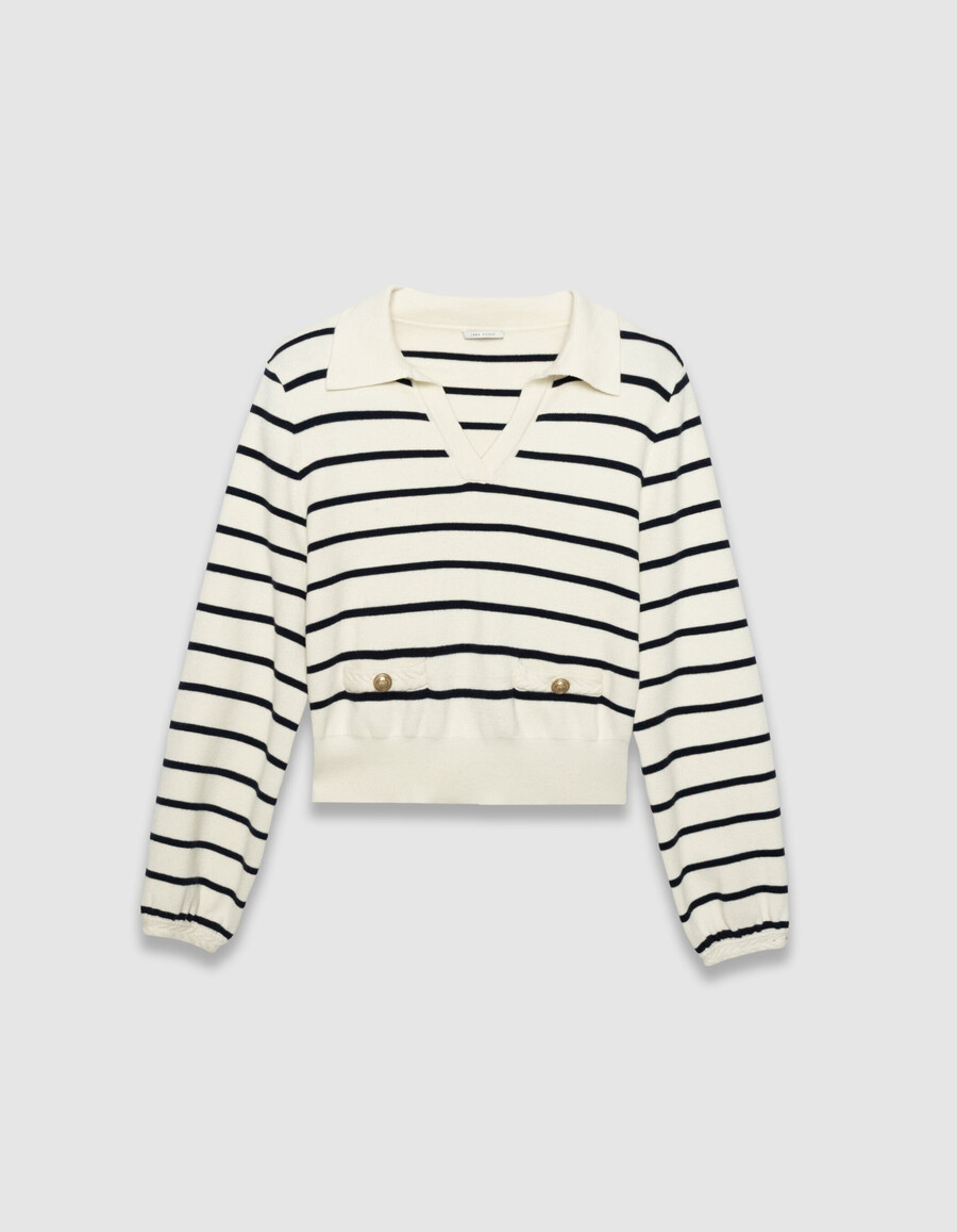 maglione da donna a righe da marinaio bianco lavorato a maglia collo a polo