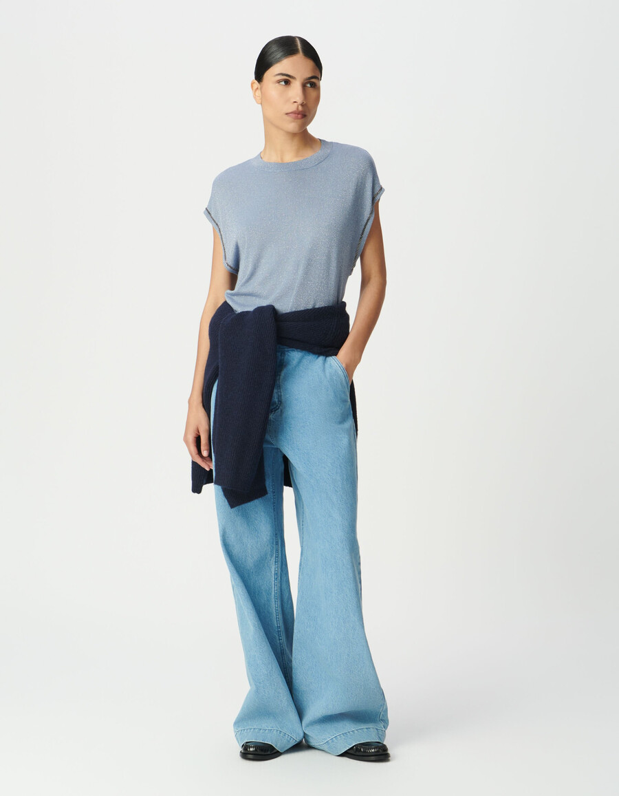 maglione da donna in maglia fine lurex blu con catene