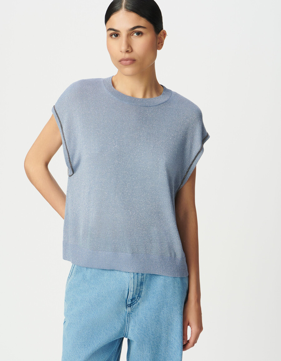 maglione da donna in maglia fine lurex blu con catene