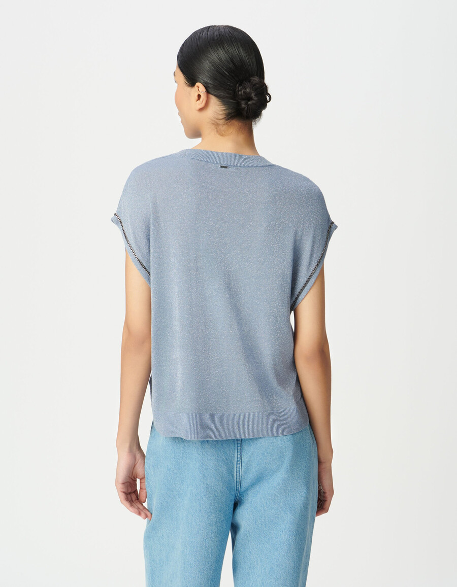 maglione da donna in maglia fine lurex blu con catene